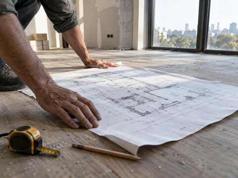 Estudio de planos de construcci&oacute;n en un edificio en construcci&oacute;n