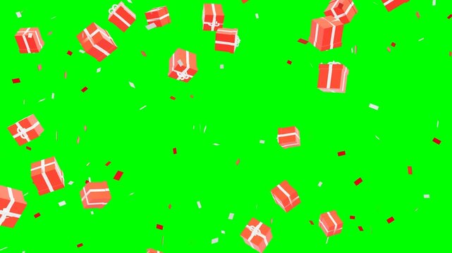 Seamless 8-second 60fps loop of falling highly detailed 3D gift boxes and tumbling metallic confetti. Rendered exclusively in pure red and white for flawless chroma key extraction over a pure green sc
