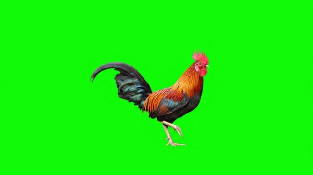 Realistic Rooster Natural Movement on Green Screen Background &ndash; Colorful Domestic Farm Bird Video Footage