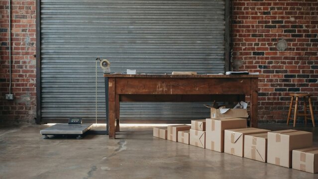 Studio despatch bench with the day's sealed parcels queued along a roller shutter