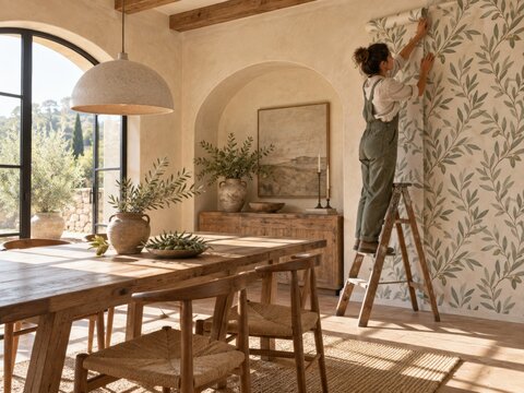 Una persona coloca papel tapiz en un muro de una casa con un estilo r&uacute;stico y natural