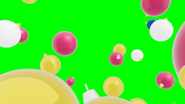 Seamless 8-second 60fps loop of ultra-realistic floating 3D Christmas baubles. Features gold, crimson, and pearl ornaments rotating slowly over a pure unlit green screen.