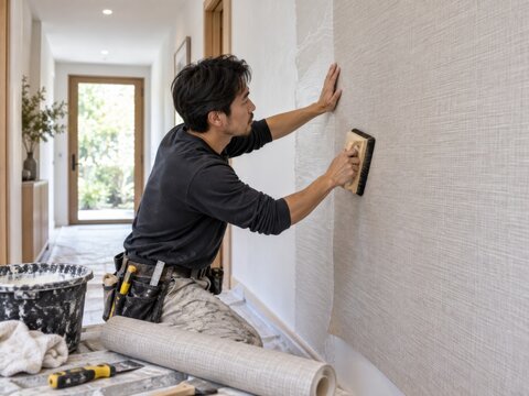 Un hombre trabaja en la colocaci&oacute;n de papel en la pared de una habitaci&oacute;n en una casa moderna