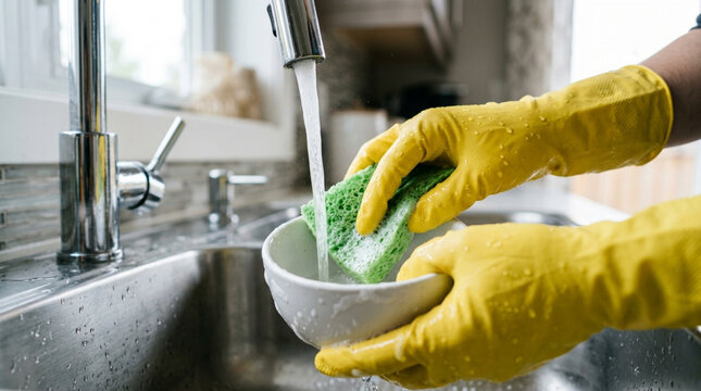 Hands in Yellow Gloves Washing Dish with Sponge Under Running Water in Kitchen Sink