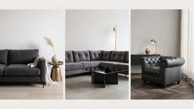 Three living room scenes featuring grey sofas and an armchair on a light background setting