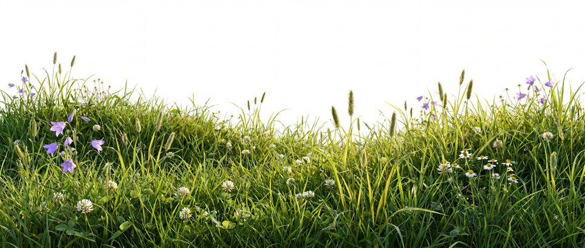 Grass border with blooming meadow flowers, white clover, and bellflowers isolated on a pure white background, ideal for panoramic summer banner headers and nature framing