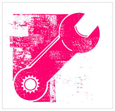 Magenta open end spanner with a cog wheel in rough rubber stamp stencil style with distressed ink texture. Handyman tool graphic for repair and mechanic workshop branding.
