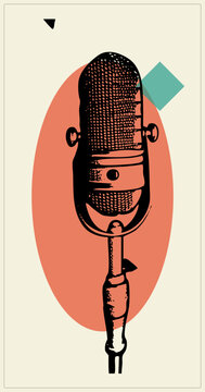 Classic ribbon mic, like the radio mikes crooners favored, in bold halftone ink strokes. This retro studio mic sits over a oval with teal diamond accents, evoking mid century broadcast style.