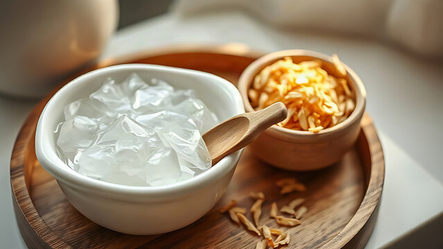 Ceramic dish of psyllium gel on wooden tray with spoon and bowl of golden husks, dietary fiber wellness concept