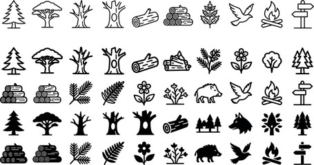 Fototapeta premium Set of black and white outline vector icons related to forest, nature, camping, animals and plants