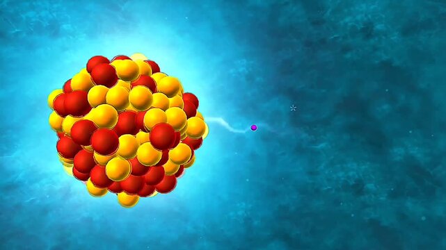 Scientific visualization of gamma decay showing photon emission as an excited nucleus loses excess energy.