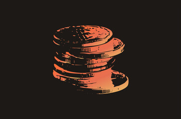 Wobbly pile of loose change in distressed stencil style a cash heap or money pile glowing in copper and salmon hues, evoking savings, wealth and vintage engraving charm. © Rysak