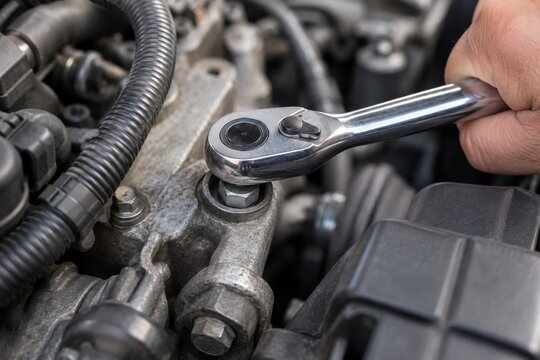 Trabajo en el motor de un autom&oacute;vil con herramientas de mec&aacute;nica en una estaci&oacute;n de servicio