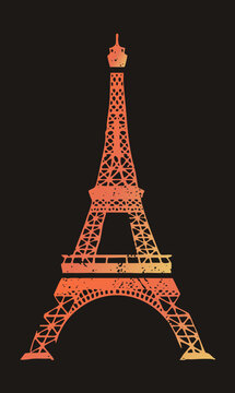Grunge textured Tower, the Iron Lady, with latticework ironwork in to gold tones. La dame de fer silhouette shows weathered stencil distress, evoking warm dusk charm.