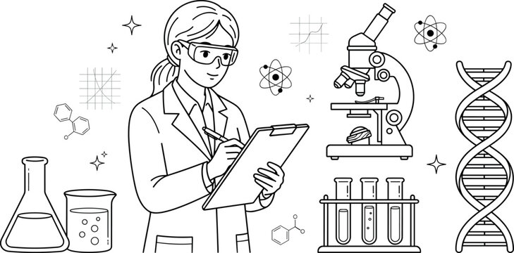 Female scientist conducting research with laboratory equipment microscope test tube dna helix line art vector doodle illustration