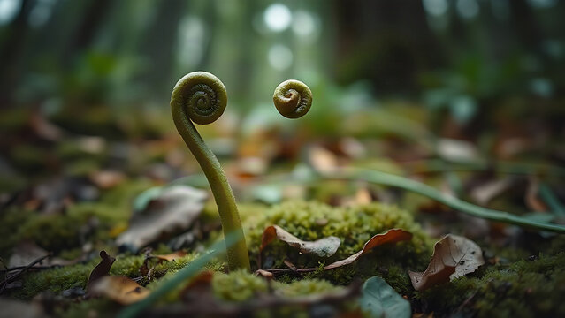 Involute fern fiddlehead in forest moss, growth and nature renewal concept