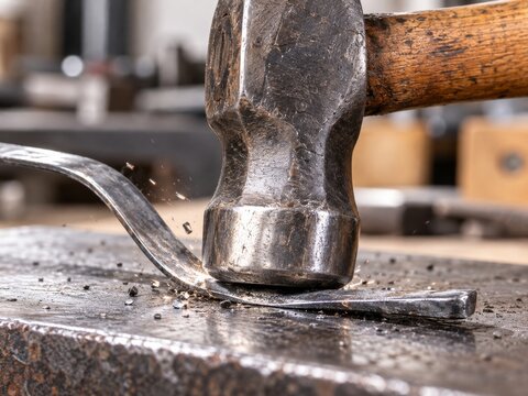 Trabajo de metal en un taller con un martillo golpeando un objeto de metal