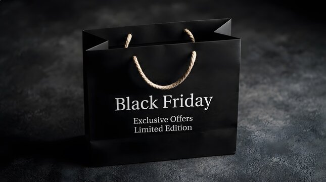 Black friday shopping bag with exclusive offers and limited edition text on a dark textured background