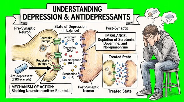 Educational infographic showing the biological mechanism of antidepressants