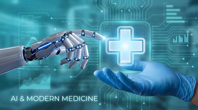 Robot hand touching a digital medical cross icon in futuristic light