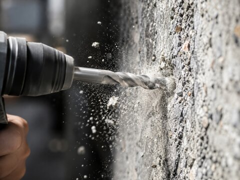 Uso de un taladro para perforar una pared de concreto en un sitio de construcci&oacute;n