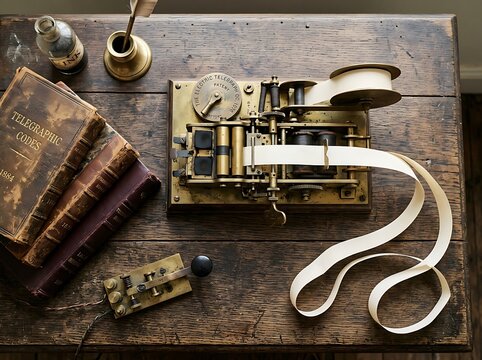 Antique telegraph receiver with long paper tape roll on a rustic wooden table vintage telegraph morse code communication machine old technology brass gears mechanical parts historical equipment