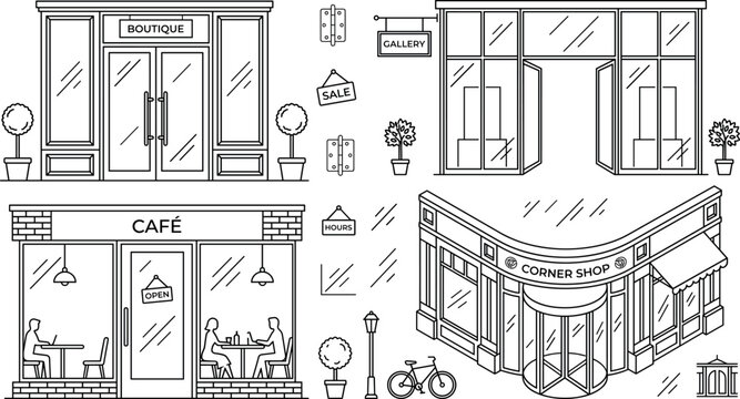 Storefront vector line art bundle with boutique cafe gallery and corner shop building exterior isolated on white background