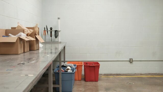 Returns triage bench in a stockroom with opened cartons and sorting bins