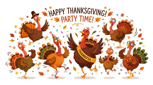 Thanksgiving funny dancing cartoon turkeys celebrating a holiday party