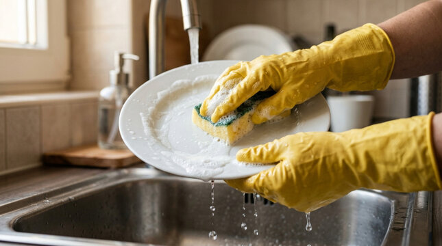 Hands in yellow gloves washing dishes in kitchen sink with running water