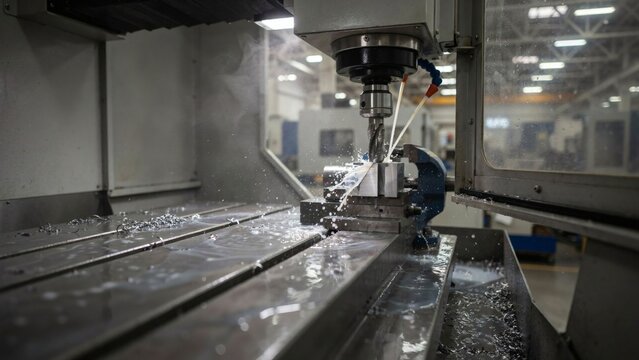 Flood coolant pouring over a milling cutter inside a machining centre