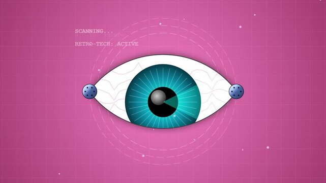 Robotic eye performing biometric scan in a futuristic digital interface