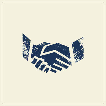 Two hands clasped in a firm handshake, a classic symbol of trust and dealmaking, rendered as a distressed navy silhouette. The worn texture gives this pact emblem a rugged, stamped look for bold partn