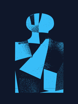 Shattered human portrait of angular and speckled halftone texture. The stencil style bust, an abstract everyman or mannequin head, dissolves into grainy fragments suggesting fractured identity.