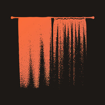 Grungy window drape hangs from a curtain rod, rendered as a speckled halftone stencil. The rag fades into gritty noise at its hem, evoking vintage screen print texture in warm tangerine tones.