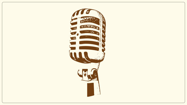 Retro dynamic mic, the classic crooners "shure bullet" and radio "candy griller," in distressed sepia. The broadcast vocal silhouette suits jazz stage, podcast studio, and music themed desig
