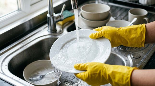 Hands in yellow gloves washing dishes under running water in kitchen sink