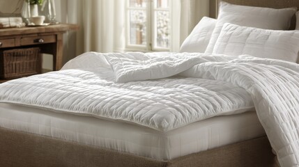 Obraz premium Luxurious White Quilted Mattress Topper with Textured Weave for Enhanced Comfort and Sleep Quality