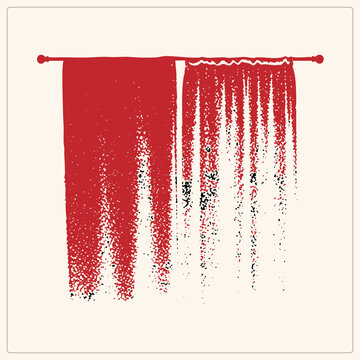 "A weathered drape on a finialed rod, in speckled grunge texture. This ragged curtain, or dossal, dissolves into stipple flecks, giving the soft furnishing a worn theatrical feel."