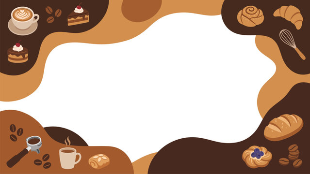 Assorted pastry and dessert border framing a blank design area.