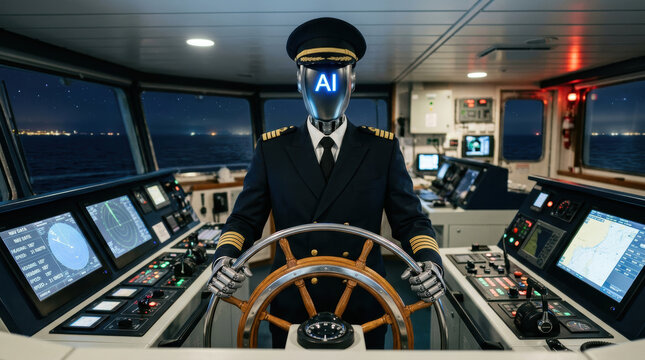 AI robot captain steering ship wheel in control room at night showing job replacement concept for future technology