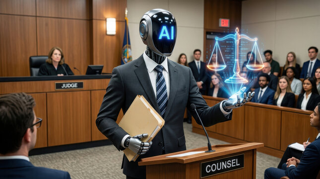 AI robot lawyer in courtroom presenting digital justice scale with legal documents showing ai job replacement concept
