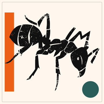 Distressed black ant, known as an emmet or pismire, rendered in grunge stencil style with speckled texture. Bold geometric orange bar and teal circle frame this insect vector cutout.