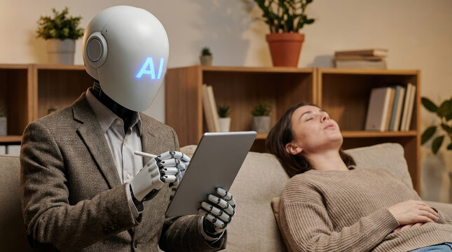 AI robot job replacement concept with humanoid robot therapist holding tablet and woman lying on couch in modern office