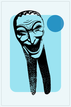Mr. Punchs leering comedy mask cackles with narrowed eyes and two long stippled chin strands. The vintage Punchinella face blends stencil with grainy halftone texture in bold black and blue.