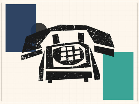 Vintage phone in distressed stencil style bold black rotary dialer or candlestick handset. Old school blower graphic with retro charm and grunge texture for nostalgic communication desi