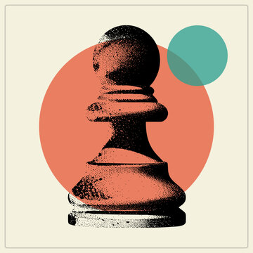 Stippled chess pawn, the humble footsoldier of the board, rendered in gritty retro halftone with and teal circle shapes. This lowly commoner piece gets a bold mid century poster treatment.