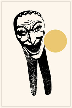 Laughing pantalone mask face in gritty stencil style, the old jester grinning atop two dangling stumpy legs. This quirky pairs with a flat mustard dot for playful retro poster art.