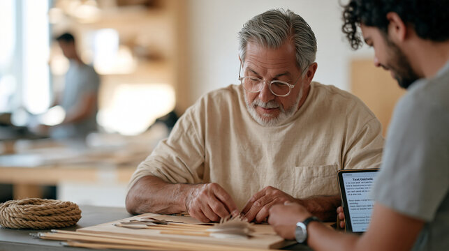 a fletcher crafting arrows teaches a newcomer patiently in a hospital therapy workshop, a rope coiled neatly on the bench nearby, close up on guiding hands as feather vanes are