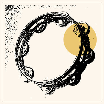 Hand drawn tambourine sketched in gritty ink, zils jingling around the frame, a folk jingle ring in rough stencil style. A warm mustard circle peeks behind the drum, adding retro poster charm.